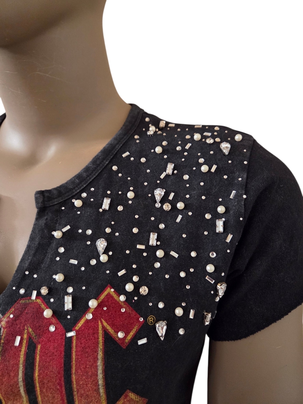 AC/DC Rhinestone Notch Neck TShirt LG Dark Wash Charcoal For Those About To Rock - Picture 5 of 16